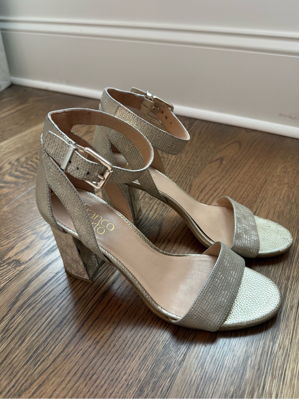 Franco Sarto Champagne Metallic Block Heel Sandals with Ankle Strap